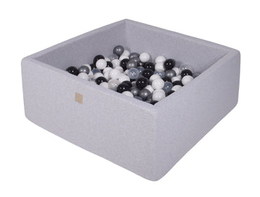 Vierkante ballenbak - Licht grijs met Zwarte, Witte, Zilveren en Transparante ballen